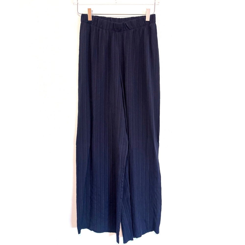 Vanessa Zani | Navy Plisse Pleated Wide-Leg Palazzo Flowy Elastic Waist Pants